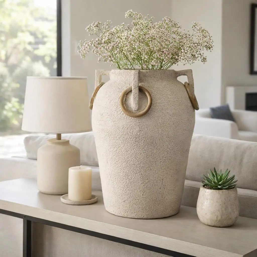 Large Rustic Pottery Flower Vase for Living Room Decor - Modern Textured Chiseled Home Vase with Mango Wood Ring Handles for Office Table or Bedroom Display - 26 Inch, Ivory and Tan