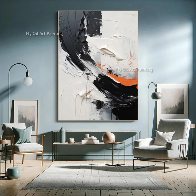 Abstract Design Hand Painted Black And White Canvas Thick Wall Art New Fashional Green Yellow White Oil Painting Decor For Home