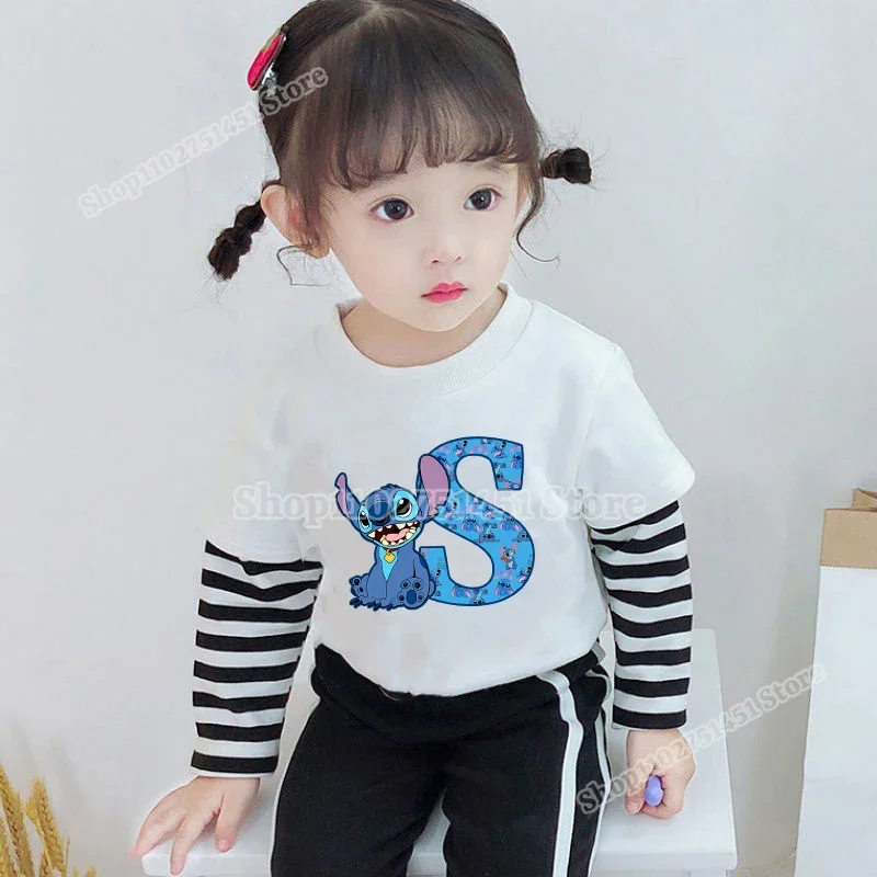 Cartoon Disney Stitch Letter A-Z Print T-shirt for Kids Striped Sleeves Tops Fake Two Piece Clothes Boys Girls Boutique Clothing