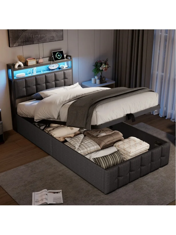Polsterbett, 90x200cm, Einzelbett mit LED und USB, offener/geschlossener Stauraum, Einzelbett, Lattenrost, Stoff aus Samt/Leinen