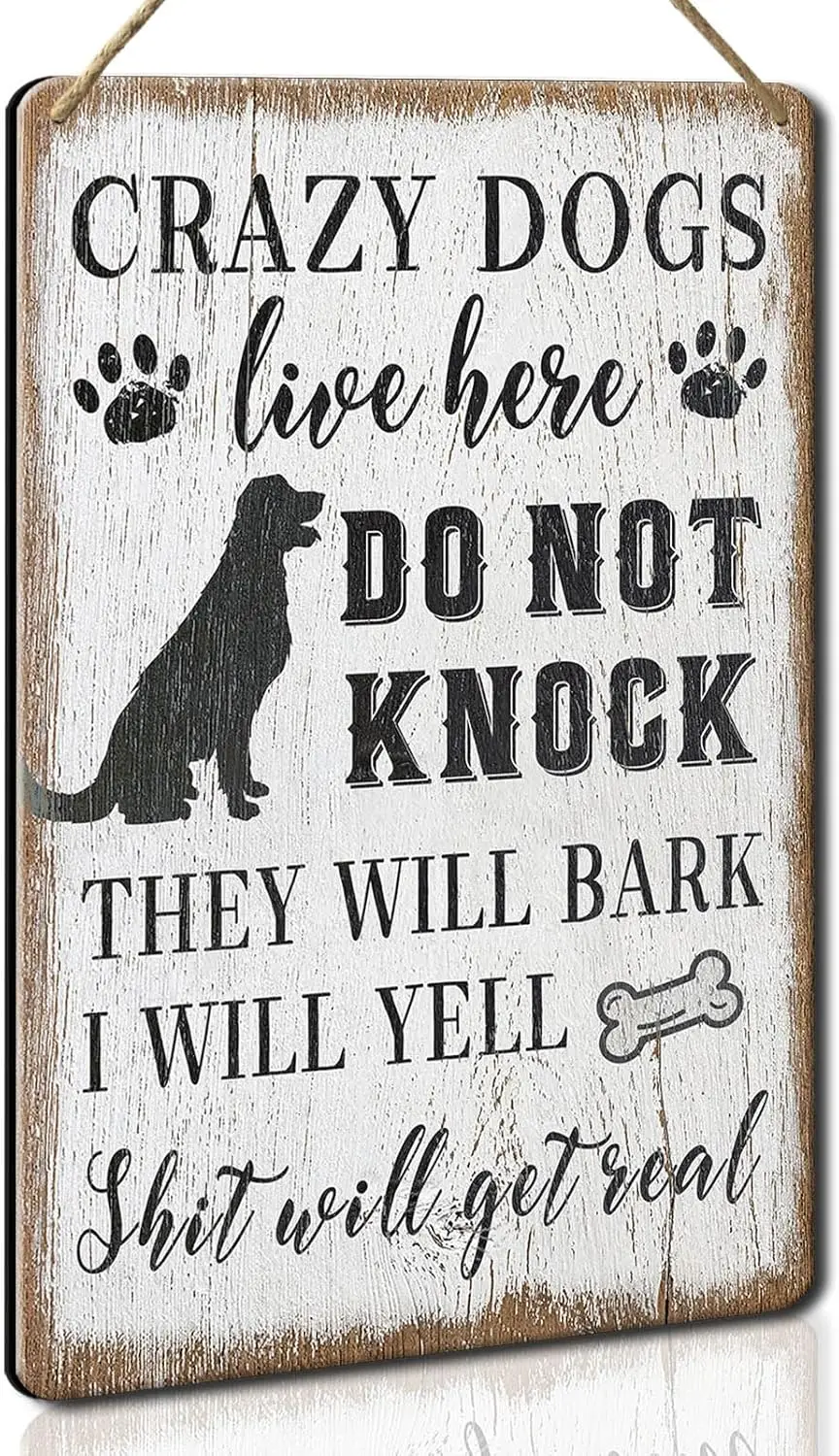 Wood Decorative Signage, DOGSlivehere, 12 x 8 inches, Funny Front Door Sign for Home Decor, Crazy Dogs Live Here - Please D sign
