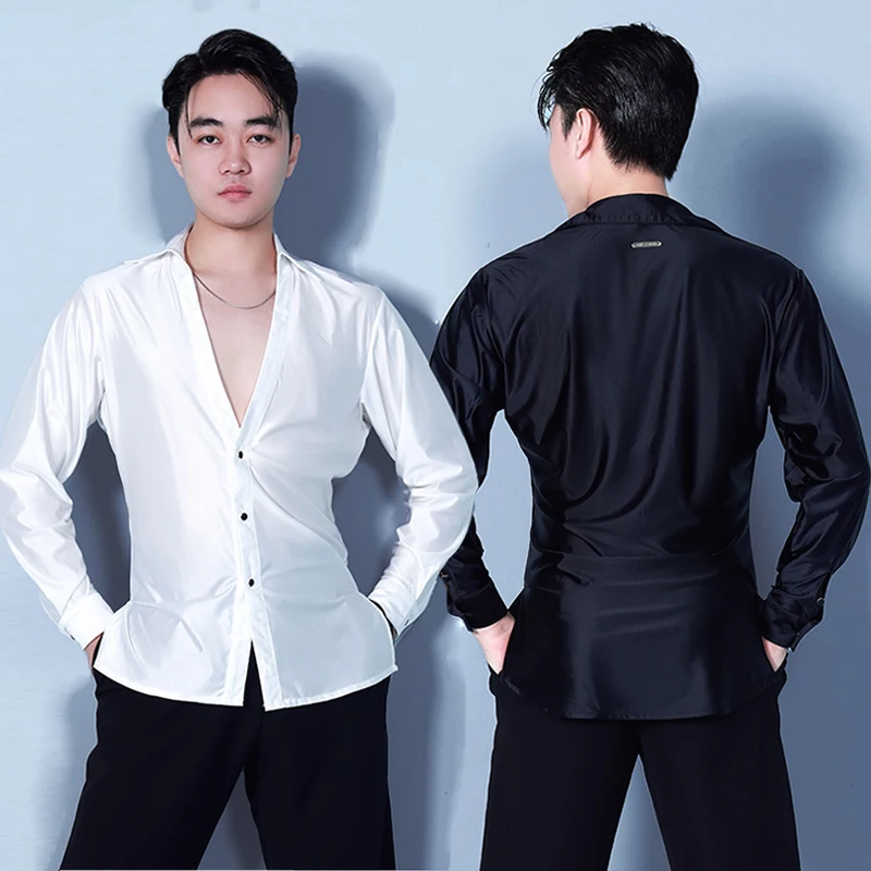 

Latin Dance Performance Costume Stage Competition Shirt Men Black Satin V-Neck Long Sleeve Line Dance Tops Male Dance Wear 1324