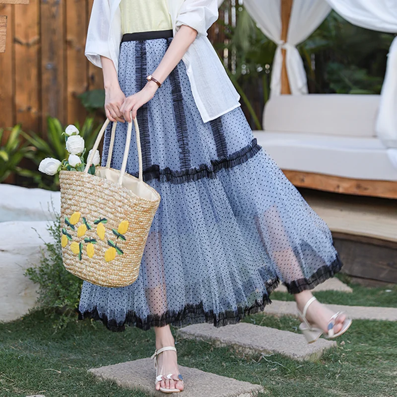 

Декоративная кружевная юбка в горошек, пышное платье, женская летняя юбка-миди трапециевидной формы из полиэстера с высокой талией и принтом