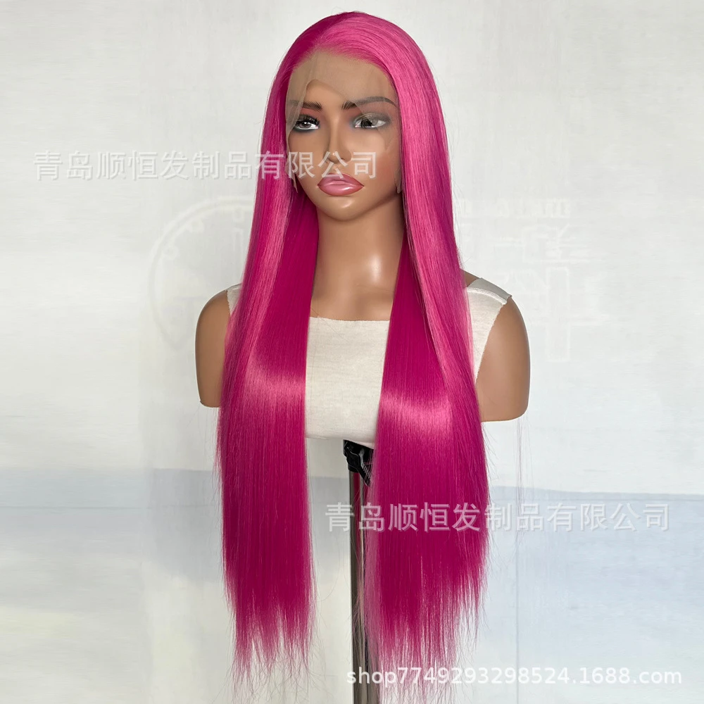 باروكة أوروبية وأمريكية، دانتيل أمامي، شعر مستقيم طويل أحمر وردي، مناسب للعب الأدوار للنساء اليوميات