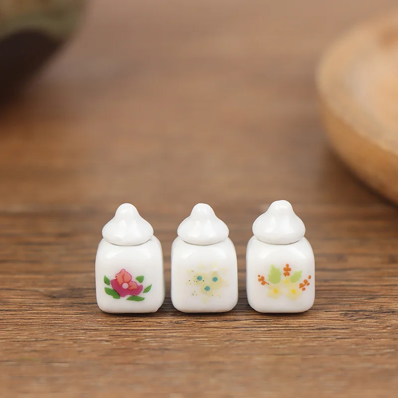 3pcs 1:12 Dollhouse Mini Ceramic Food Cans Kitchen Ceramic Miniatures Accessories Porcelain Eating Jar Doll Kitchen Decoration