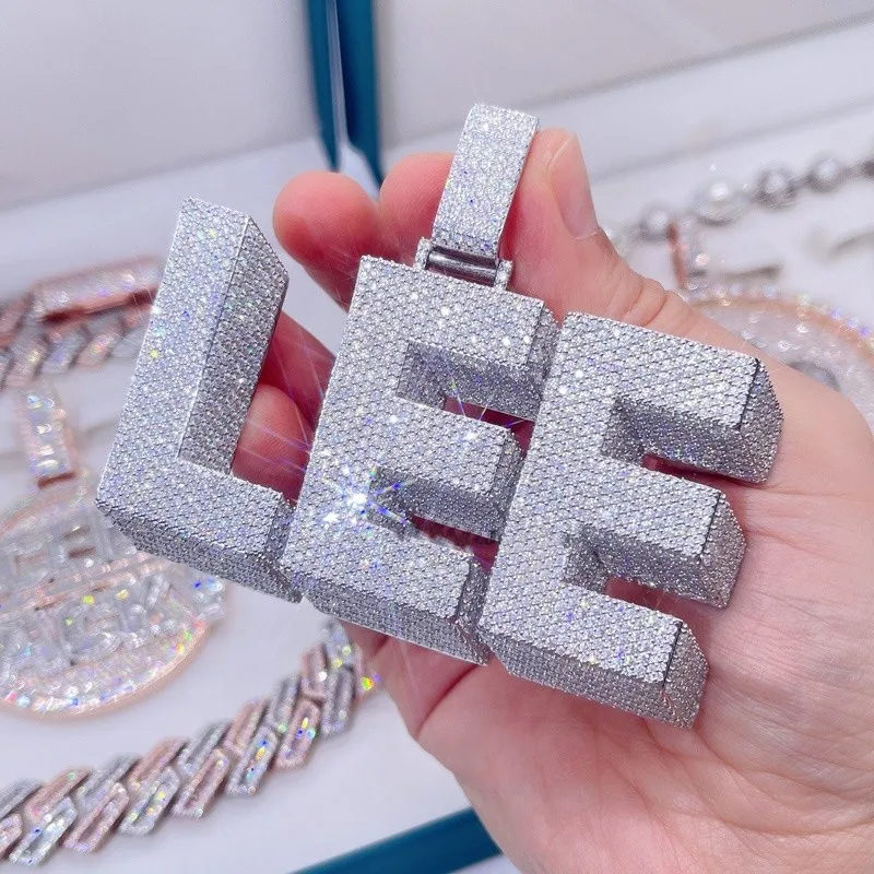 JEWE Custom Capital Letter Initial Thick Pendant Chain Moissanite Diamond S925 Iced Out White Gold Plated Private Rapper Jewelry