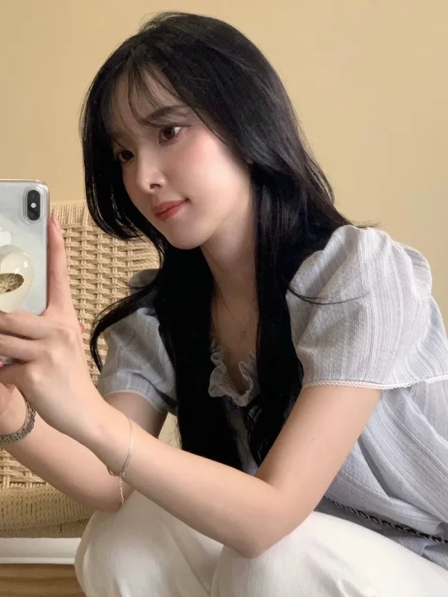 

Slimming Square Collar ort Sve irt Women's Chic Summer Lace Trim Doll irt Casual Commute Sle Bubble Sve Loose Fit