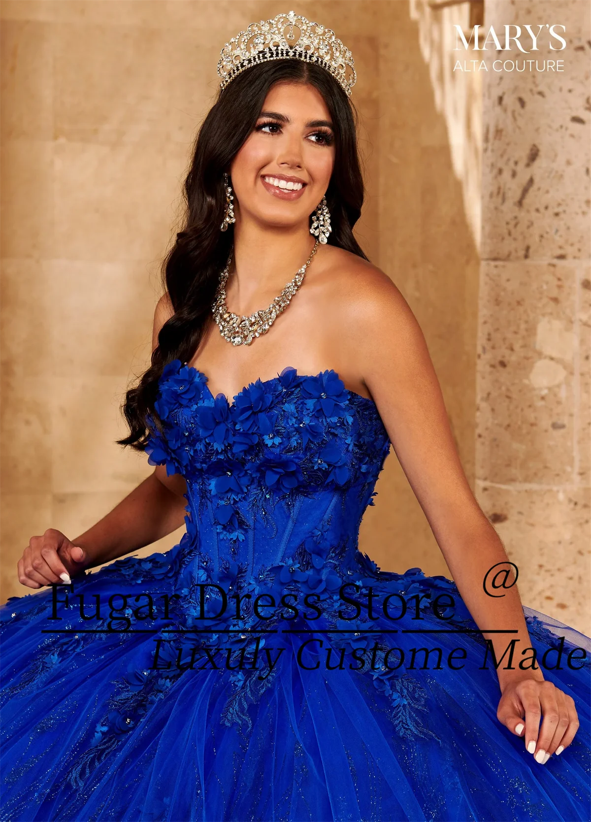 Vestidos de quinceañera azul real, apliques de flores en 3D, cuentas de gasa brillante, escote corazón sin tirantes, vestidos para niñas
