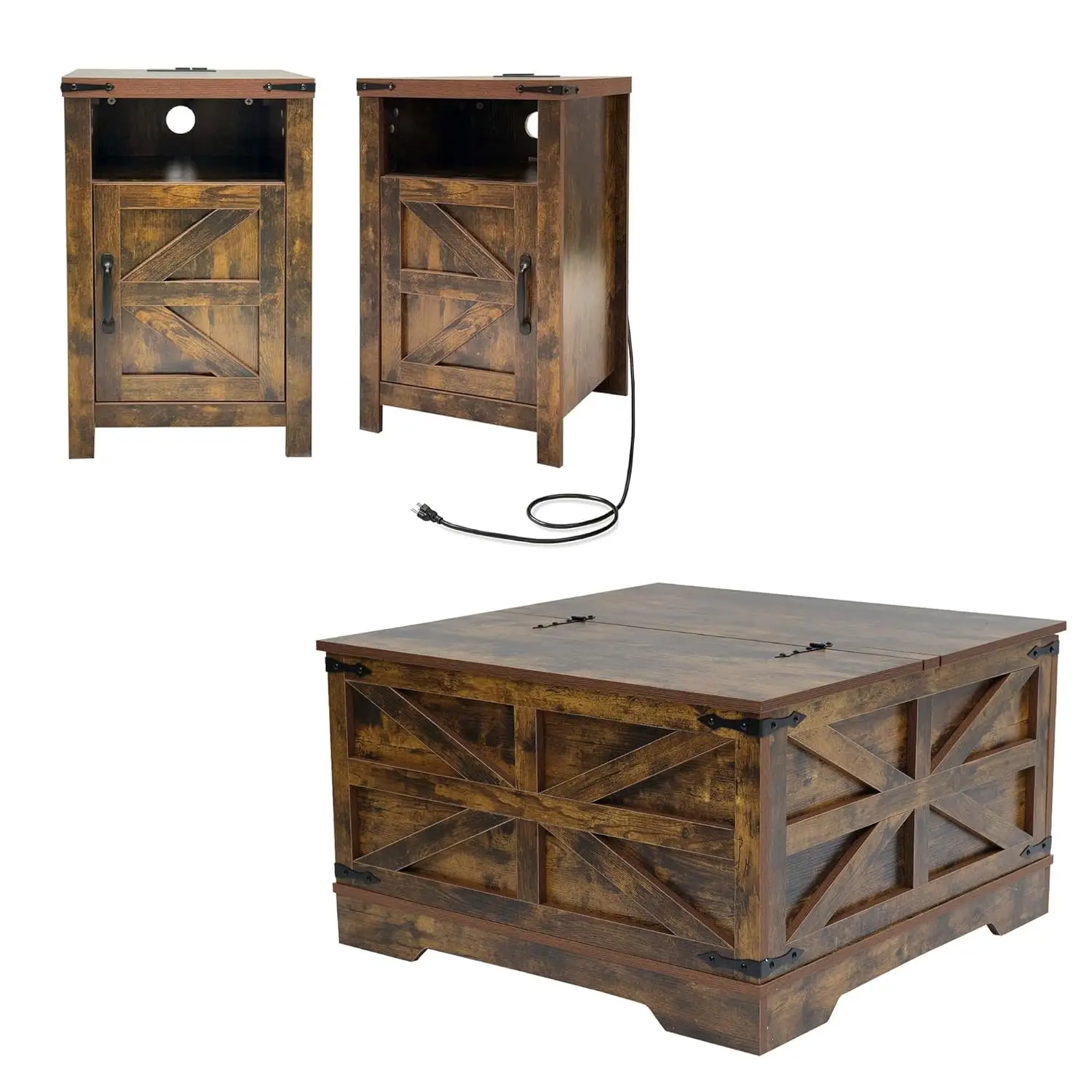 

Комплект из 3 предметов в деревенском стиле: стол, зарядная станция, скрытое хранилище для гостиной/офиса, коричневый, на заказ