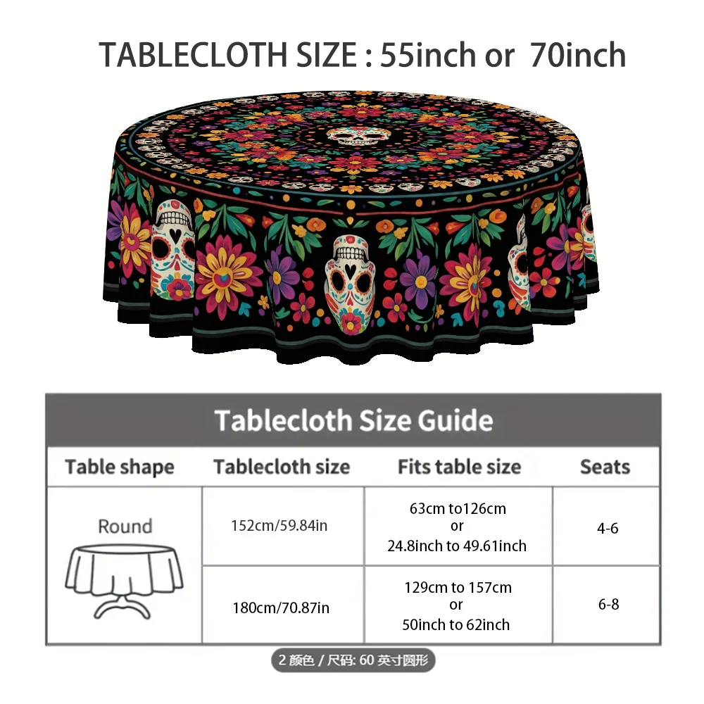 1 tablecloth, Day of the Dead themed style, colored sugar skull and floral print tablecloth