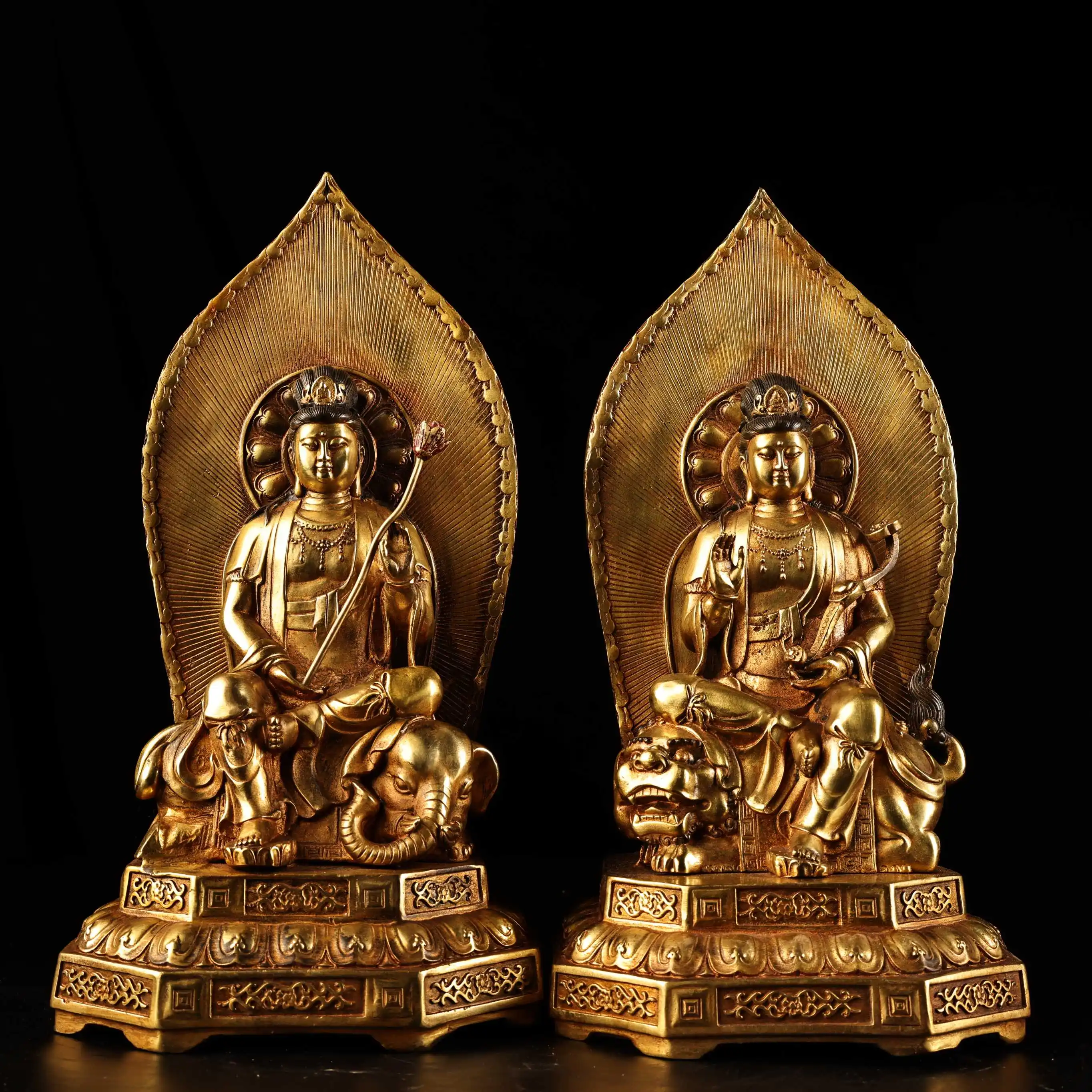 

14"Nepalese temples Old Bronze Gilded High Relief Bodhisattva Manjusri Samantabhadra Mount Sitting Buddha Worship Hall
