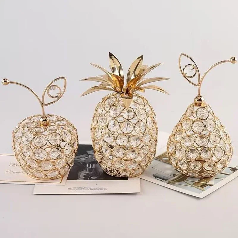 Creative 3D Crystal Fruits Ornaments Bling Rhinestone Pineapple Apple Snow Pear Model Home Tabletop Decoration Crafts Props Gift