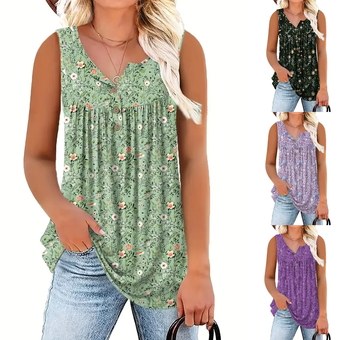 Women's Casual Floral Print Sleeveless Vest Tank Tops Summer Small Flower Printed Loose Fit Button Front Blouse Camisole