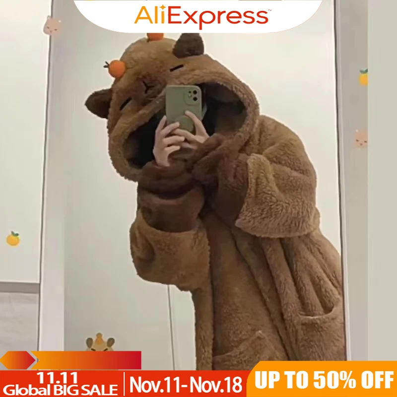 Cute Capybara Winter Pajama Cartoon Animal Soft Plush Jumpsuit For Adults Kawaii Velvet Pajama Night Robe Cosplay Suit Xmas Gift