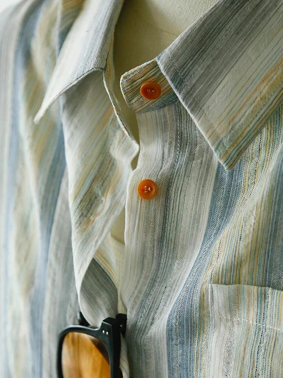 Summer Faion Dünne, reine Baumwolle, atmungsaktiv, lang, für Damen, Irt, Sonnenschutz, gestreift, Retro-Design, Pendeln, Knopfleiste