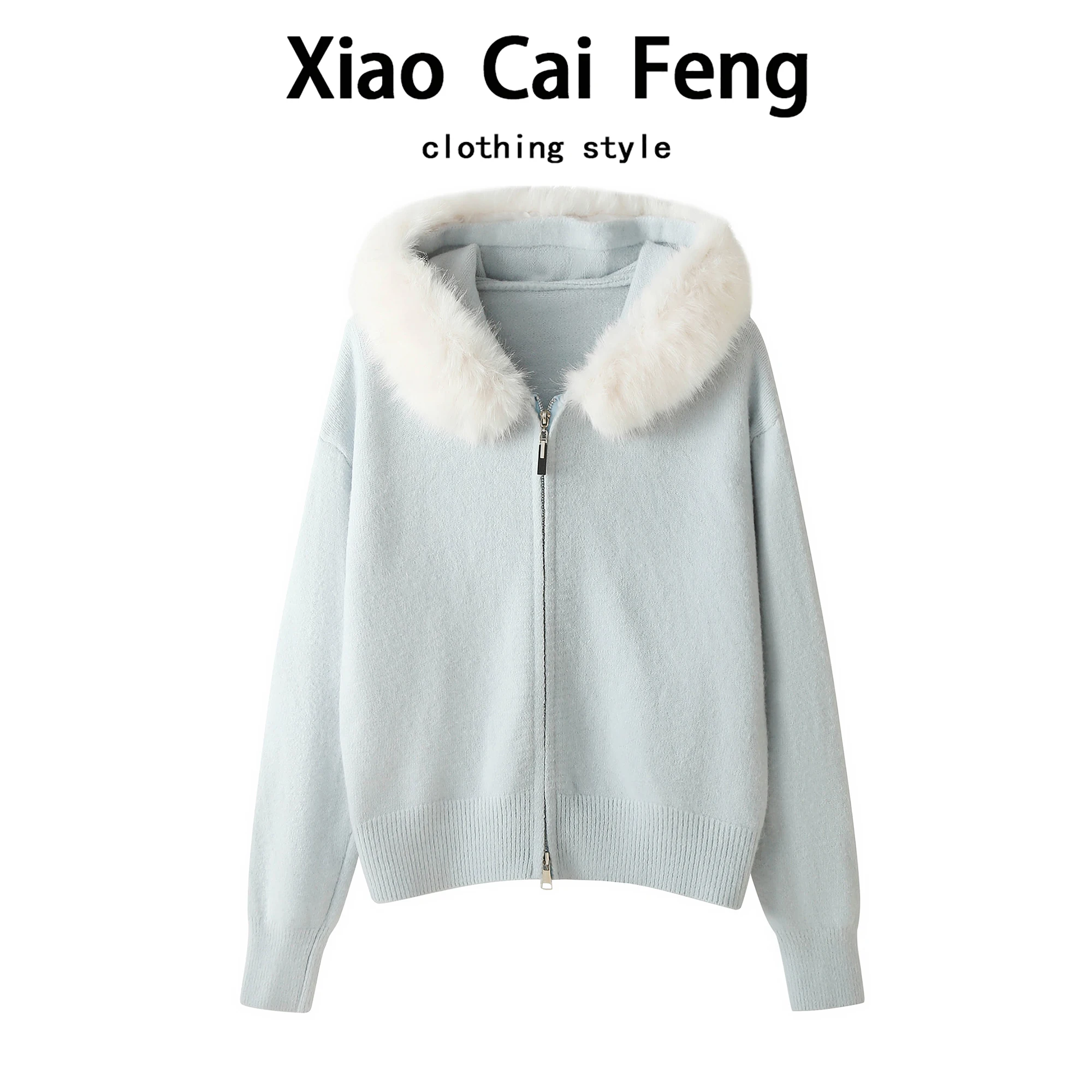 

Ladies' Knitted Fur Coat with Hood Large Collar Zipper Loose Fit Long Sve Sweater Korean Sle Autumn Winter Outerwear