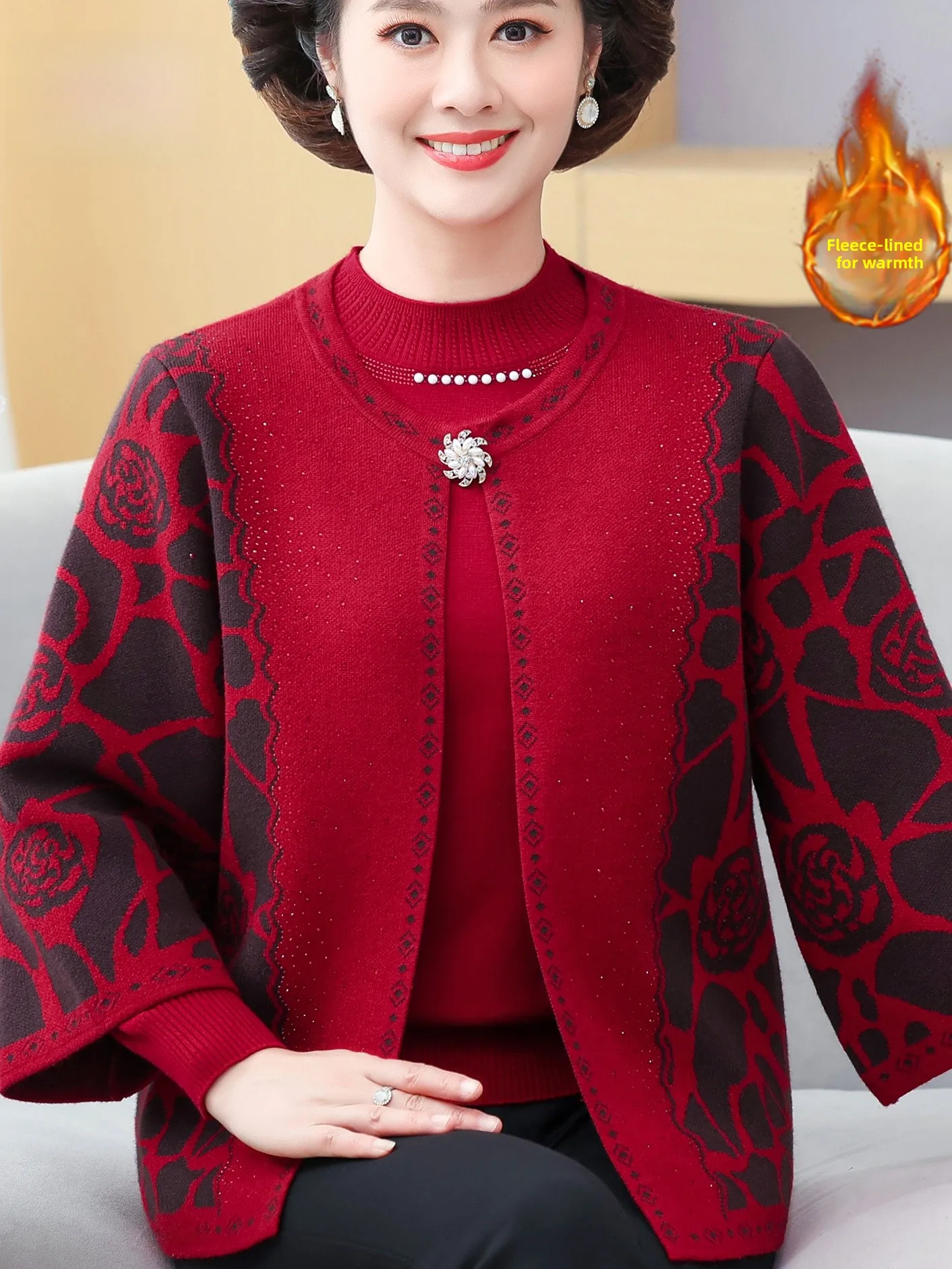 

Thiened вышитый свитер на подкладке с высоким воротником, комплект из двух предметов, теплая модная трикотажная одежда для среднего и старшего возраста...