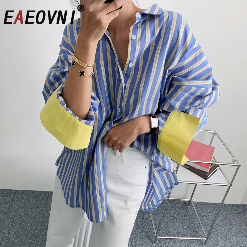 

EAEOVNI Blue Striped Women Blouse Fashion Contrast Color Long Sleeve Button Casual Shirt Versatile 2025 New Clothing