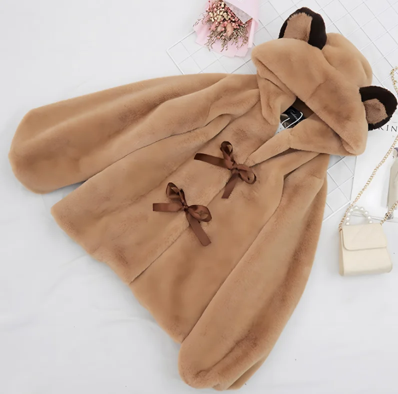 Lolita Autumn Winter Cute Thickened Imitation Fur Loose Age Reduction Hooded Short Coat Fashion Long Sleeve Playful Bow Coats