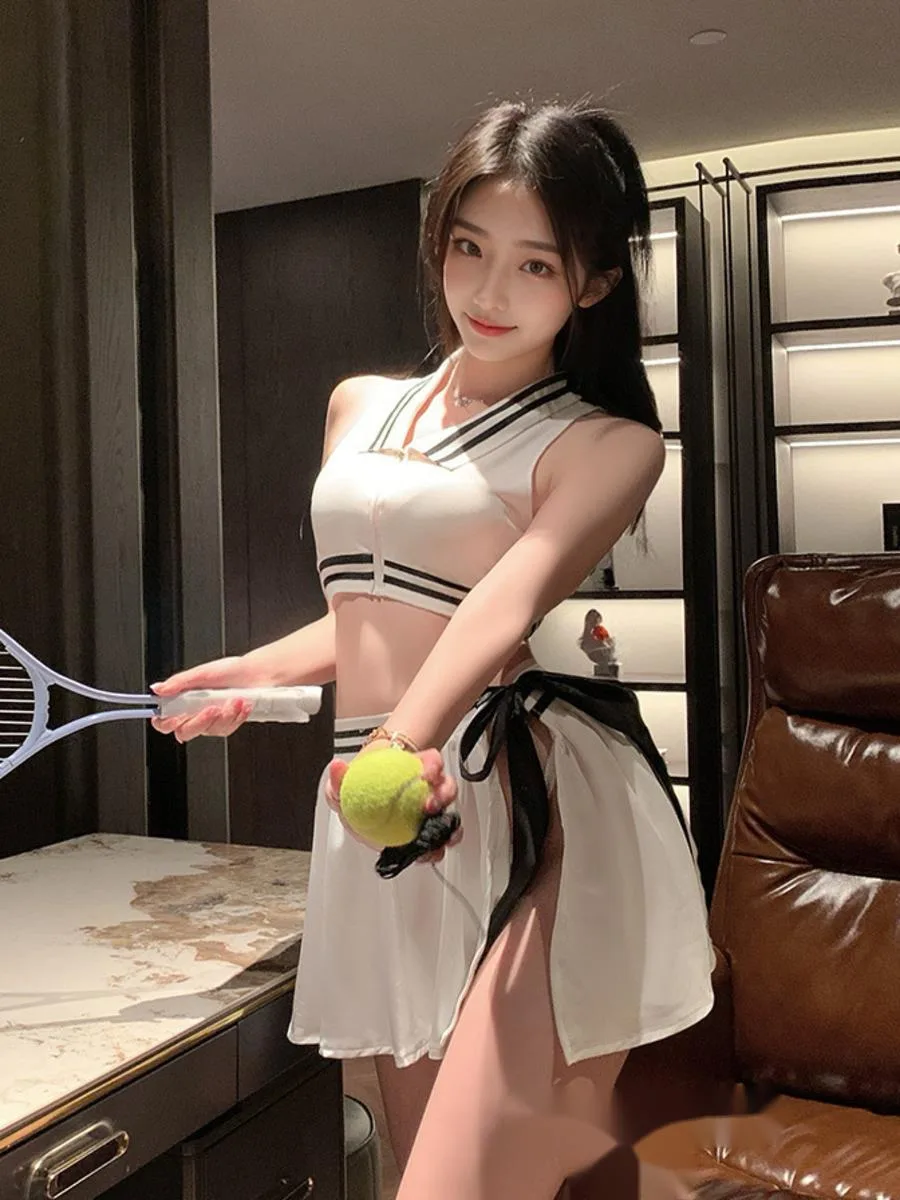 

Комплекты юбок «Богиня тенниса», обнажающие грудь, с боковым разрезом, обнажающие бедра, для флирта, сексуальная ночная рубашка, комплекты с юбкой, глубокий V-образный вырез, без рукавов, Casaul FR6U