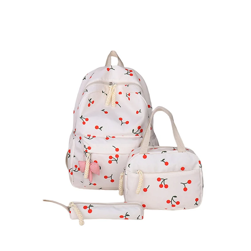 

Three-Piece Women School Bag Cherry Printed Simple Backpack Set with Lunch Bag Pencil Case Kawaii Large Capacity Nylon Rucksack