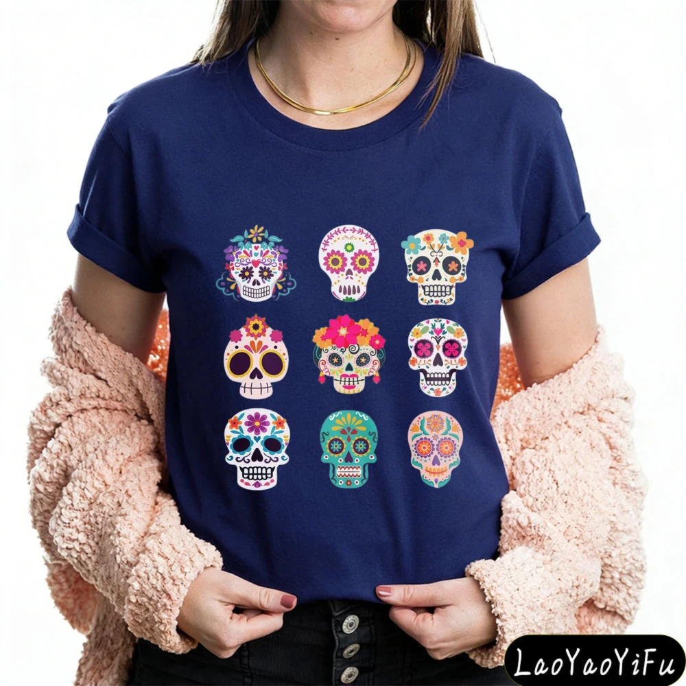 Day of The Dead Shirt Sugar Skull Flower Shirt Dia De Los Muertos Tee Mexican Shirt Women Clothed Round Neck Tees