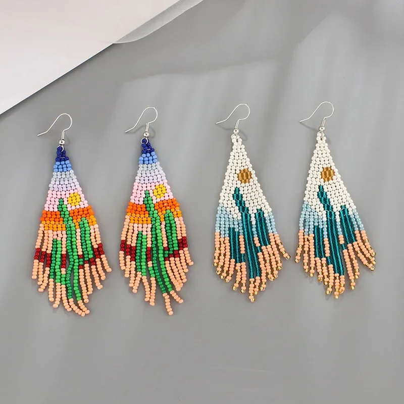 Rice bead earrings Tassel Cactus Design Originality Bohemia Hand knitting Alloy Fashion Simple Beaded earrings