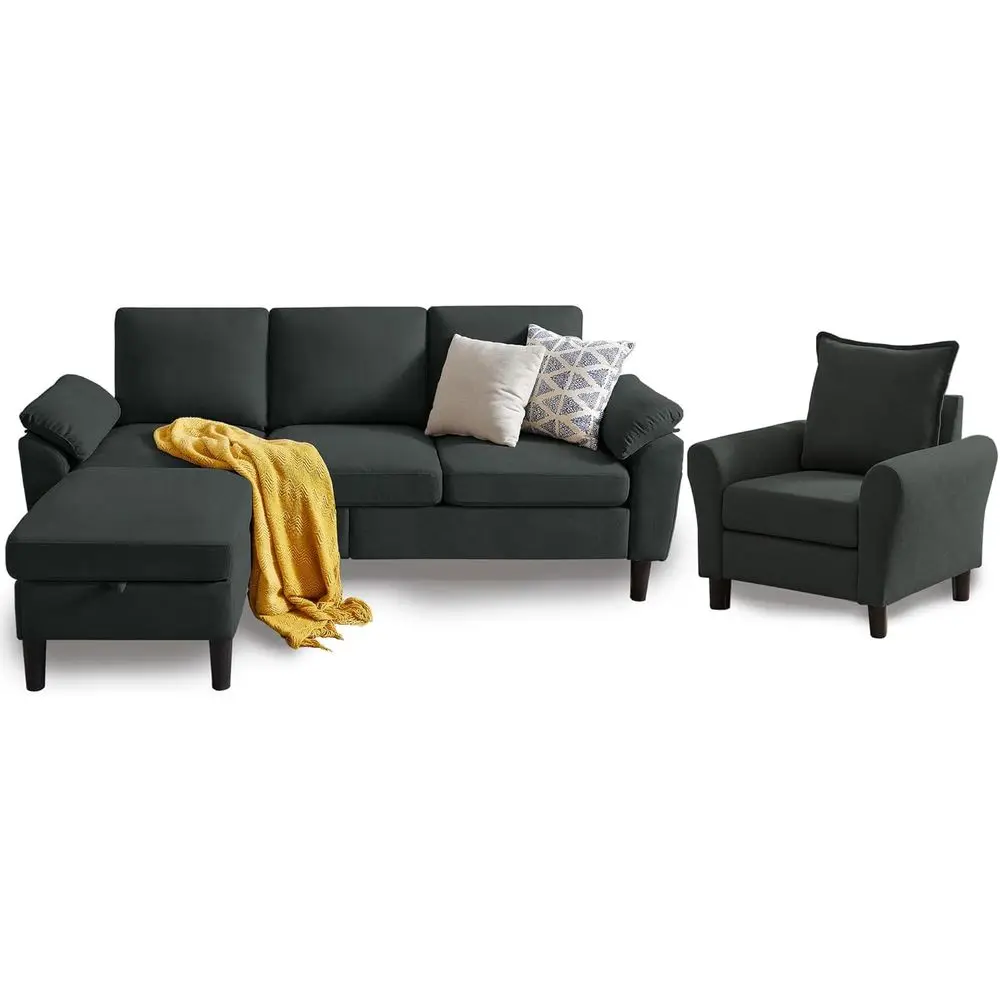 

79 Convertible Sectional Sofa Set, Linen Fabric Small L-Shape Couch with Reversible Ottoman and Accent Chair, Ideal for 3-Seat S
