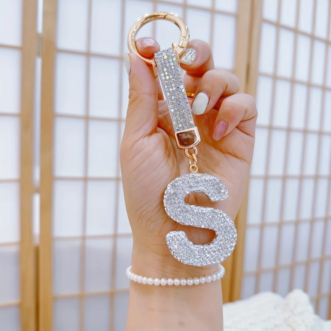 Rhinestone Letter Keychain With Diamond Strap, Crystal Alphabet Keyring, Women Bag Charm Car Key Pendant Gift
