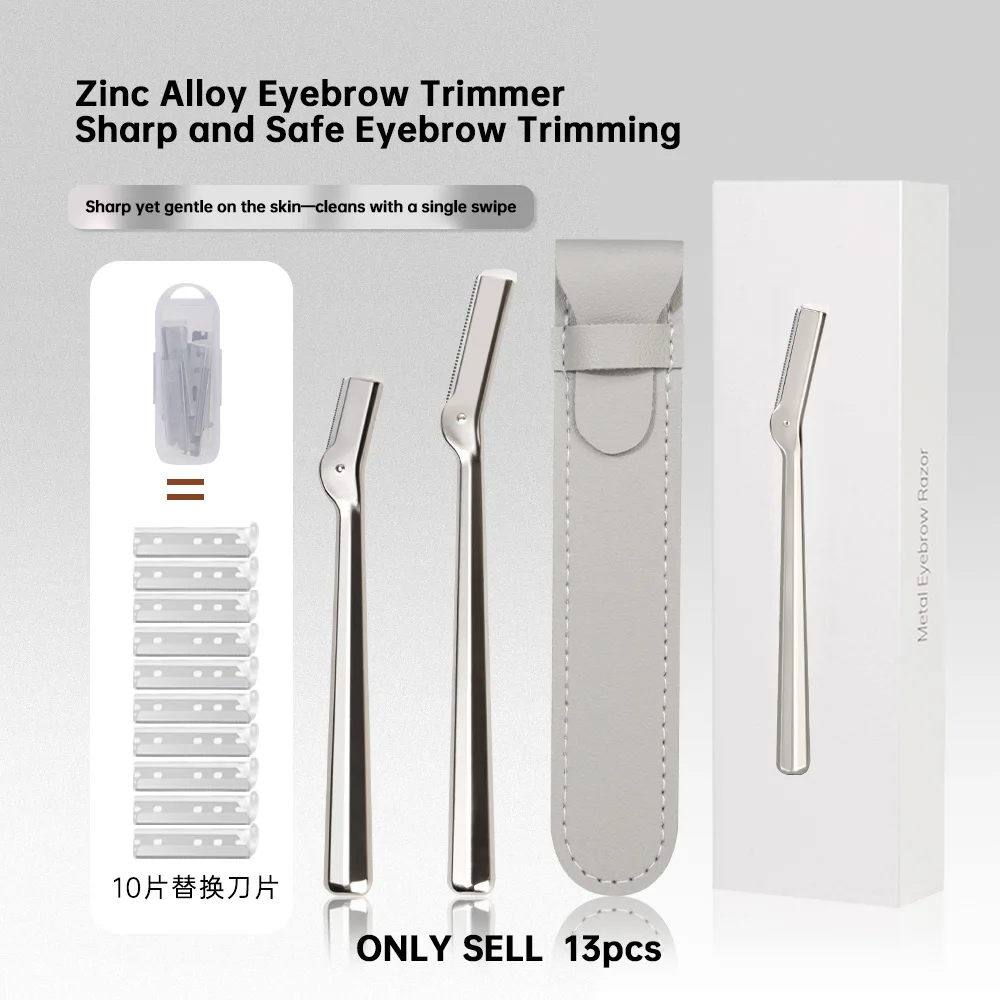 13-Piece Professional Eyebrow Grooming Set, Stainless Steel Eyebrow Razor, Eyebrow Scissors with Comb Teeth, 10 Replacement Blades, Pu Leather Storage Bag, Precision Eyebrow Trimming Tool for Women, Suitable for Home, Travel, and Salon Use