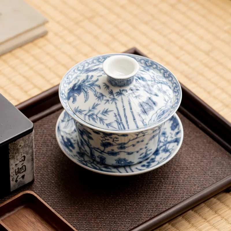 Antique Teaware with Blue and White Gaiwan, Vintage Dargon Cup, Saucer Tea Tureen, Chinese Tea Maker Cover, 300ml Tea Bowl Cups