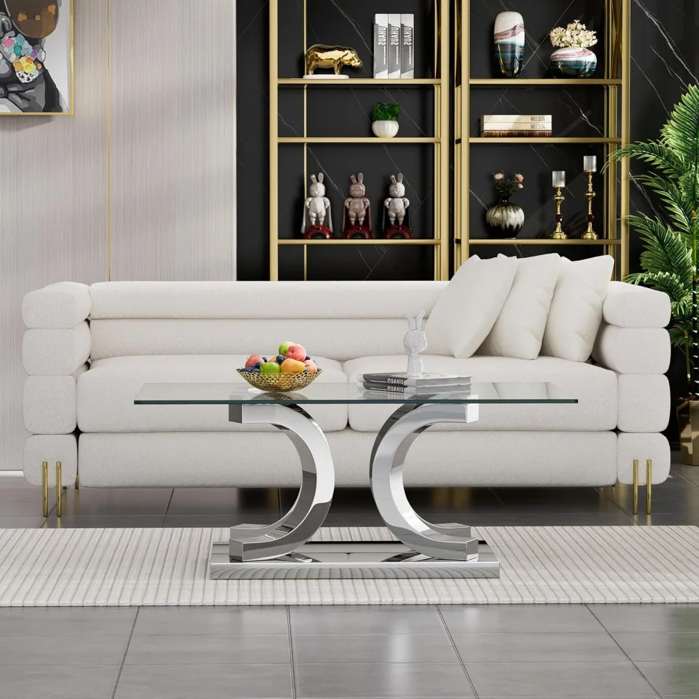 Glass Coffee Table with Silver 4C Stainless Steel Metal Leg, 47 Rectangular Clear Tempered Glass Center Stainless Steel Tea Tabl