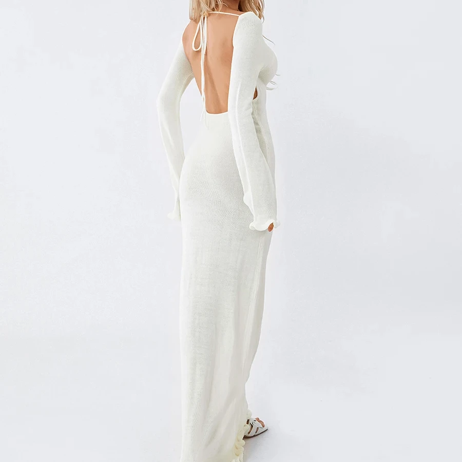 Women Long Sleeve Tie Backless Round Neck Ruffle Trim Long Dress Autumn Winter Knit Solid Color Bodycon Dress Beige/Grey/White