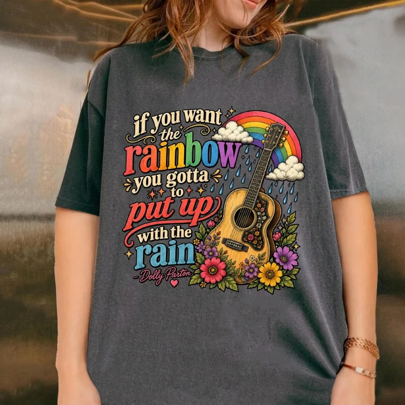 Rainbow Dolly-Parton Quote T Shirt Vintage Washed Cotton Short Sleeve T-shirts Country Music Lover Clothes Woman Streetwear