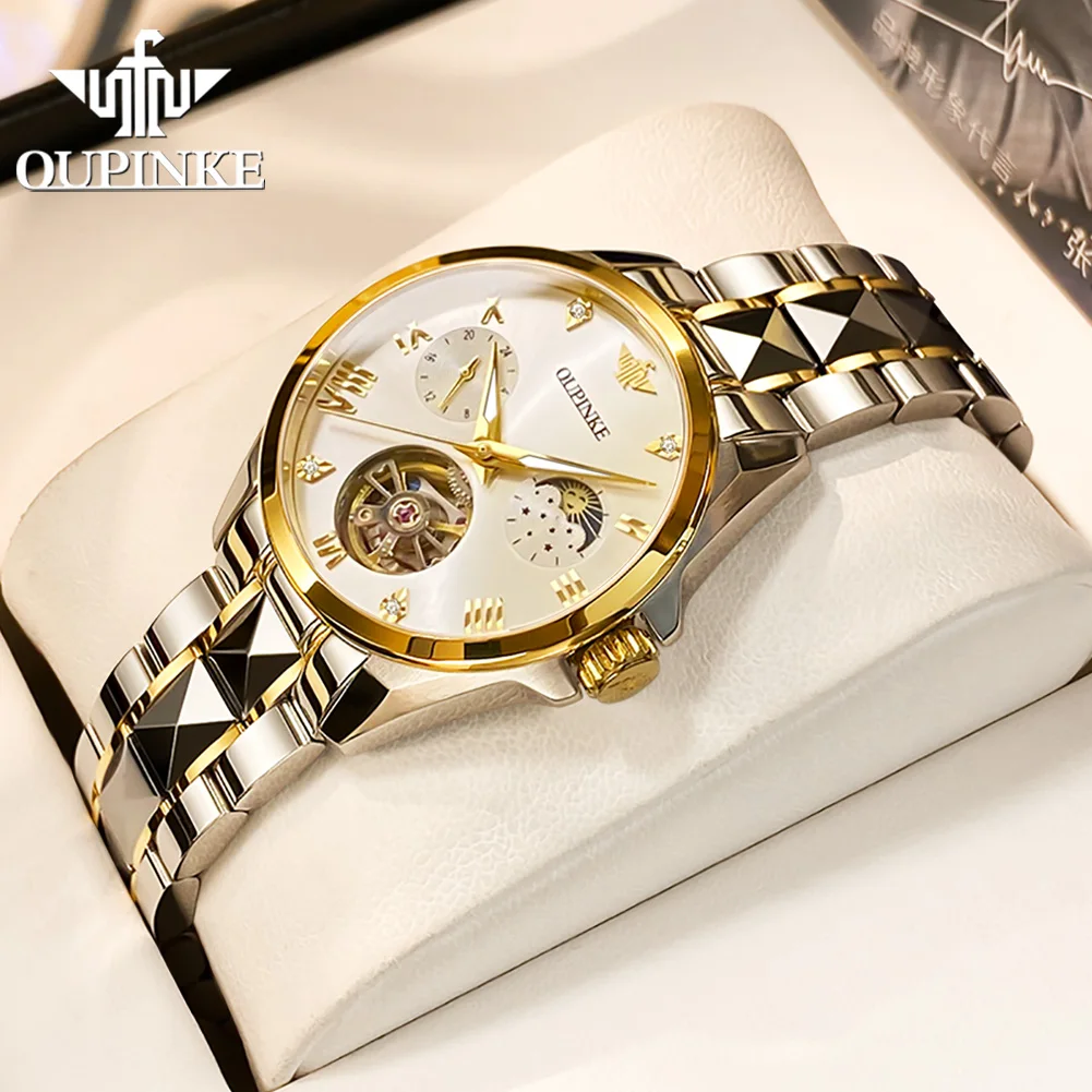 

OUPINKE 3202 Luxury Automatic Watch for Women Fashion Skeleton Flywheel Chronograph Auto Date Waterproof Ladies Mechanical Watch