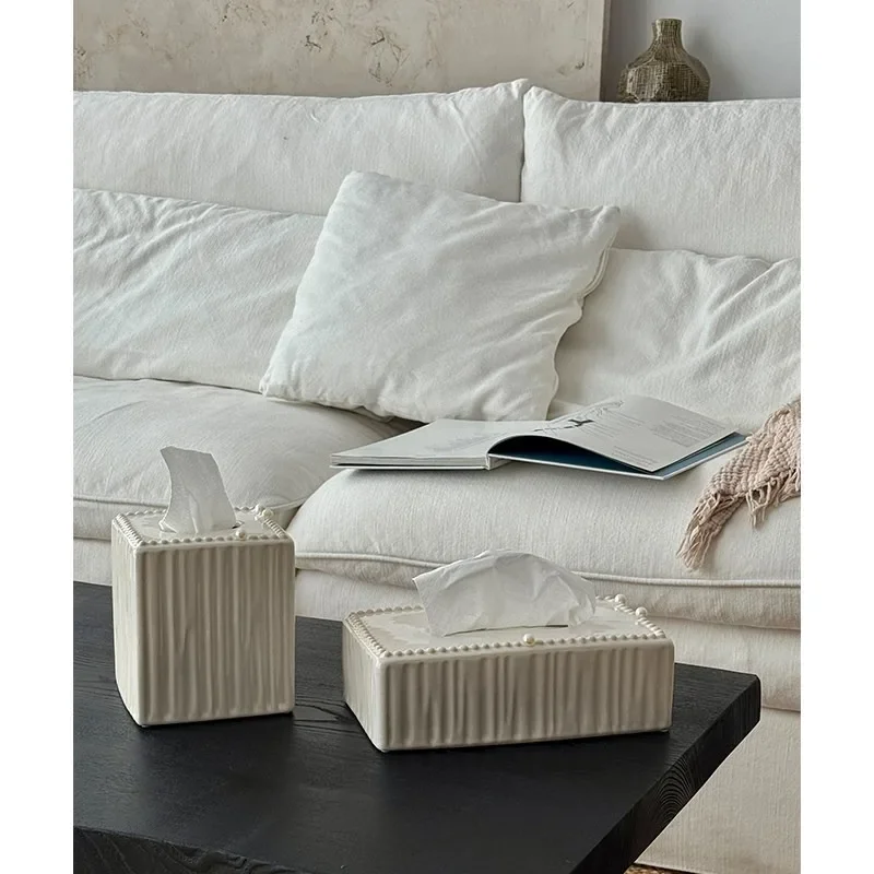 Pearl Inlaid Relief Ceramic Tissue Box,Vintage Decorative Napkin Holder for Living Room,High-End Home Desk Organizer,Unique Gift
