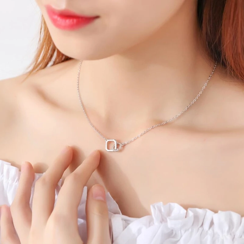 925 Sterling Silver Geometric Square Circle Simple Student Gift Fine Jewelry Luxury Female Necklace NE388