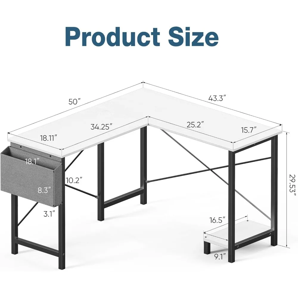 L Shaped Desk Computer Gaming Corner Table 50 Inch Home Office Writing Student Work PC Workstation with Side Storage Bag CPU St