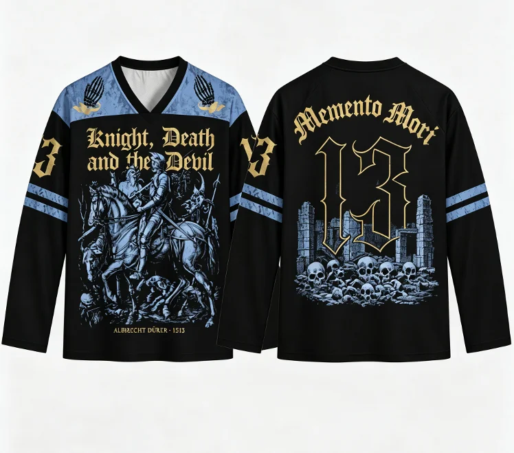 Knight Death and the Devil Ice Hockey Jersey Memento Mori Gothic Medieval  Long Sleeve V-neck Shirt Dark Renaissance Art Fan Top