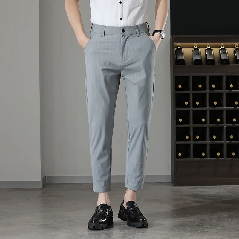 

Slim Fit Male Suit Trousers Tressed Spring Clothes High Quality Work Wear Offer Korean Reviews Many New in Up Men's Suits Pants