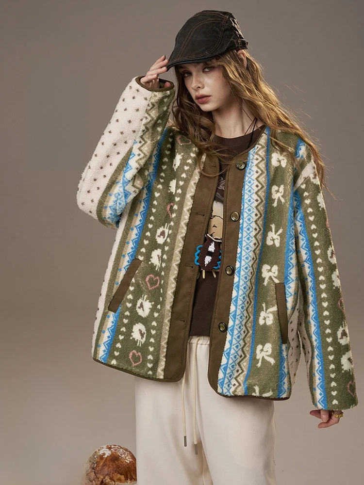

Elfsa Women's Casual Sle Island eepskin Jaet Loose Fit Winter Coat with Cotton Blend Polyester Fiber round Ne Butto...