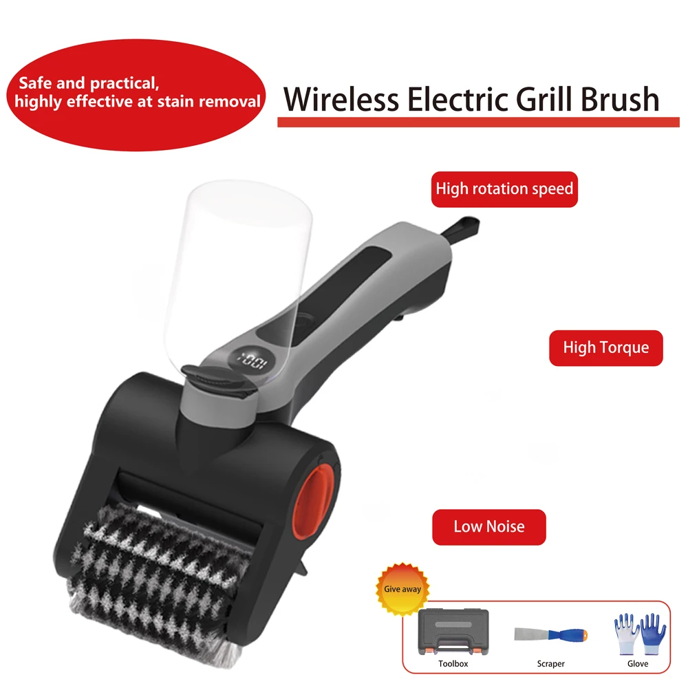 

Cordless Electric Grill Brush, Stainless Steel Brush Head Removable, 2-Speed Power Rechargeable for BBQ Grates Kitchen Stove