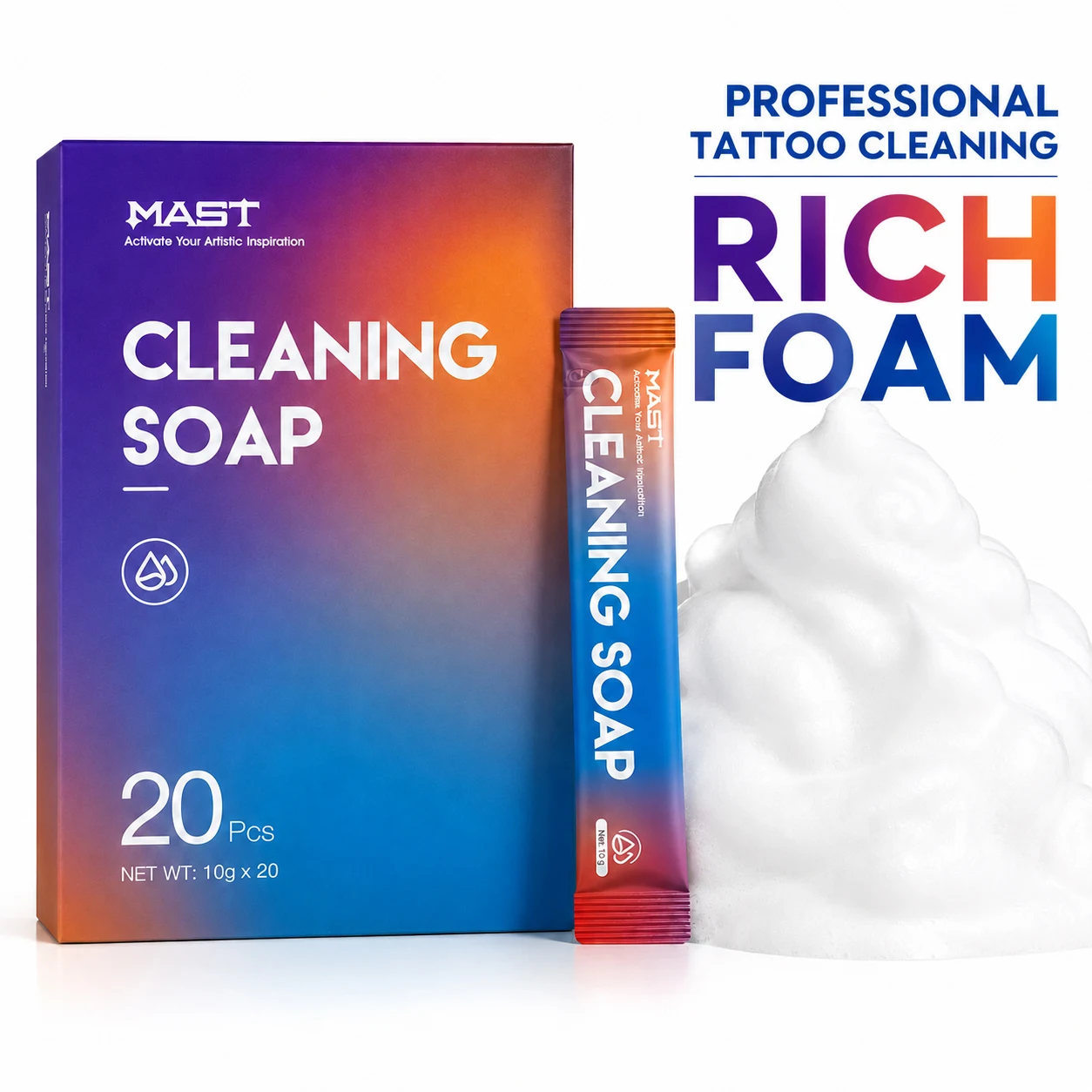MAST Savon nettoyant pour tatouage, nettoyage cutané efficace, format individuel de 10g par pièce, 20 pièces au total, formule douce non irritante, accessoire et fourniture pour tatouage