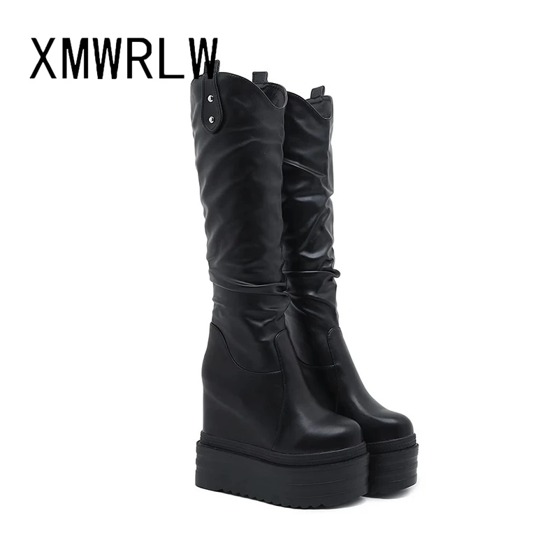 XMWRLW Women\'s Knee-High Boots Leather Platform Shoes Hidden Heel Women Shoes Thick Sole Women High Boots Autumn Winter Boot