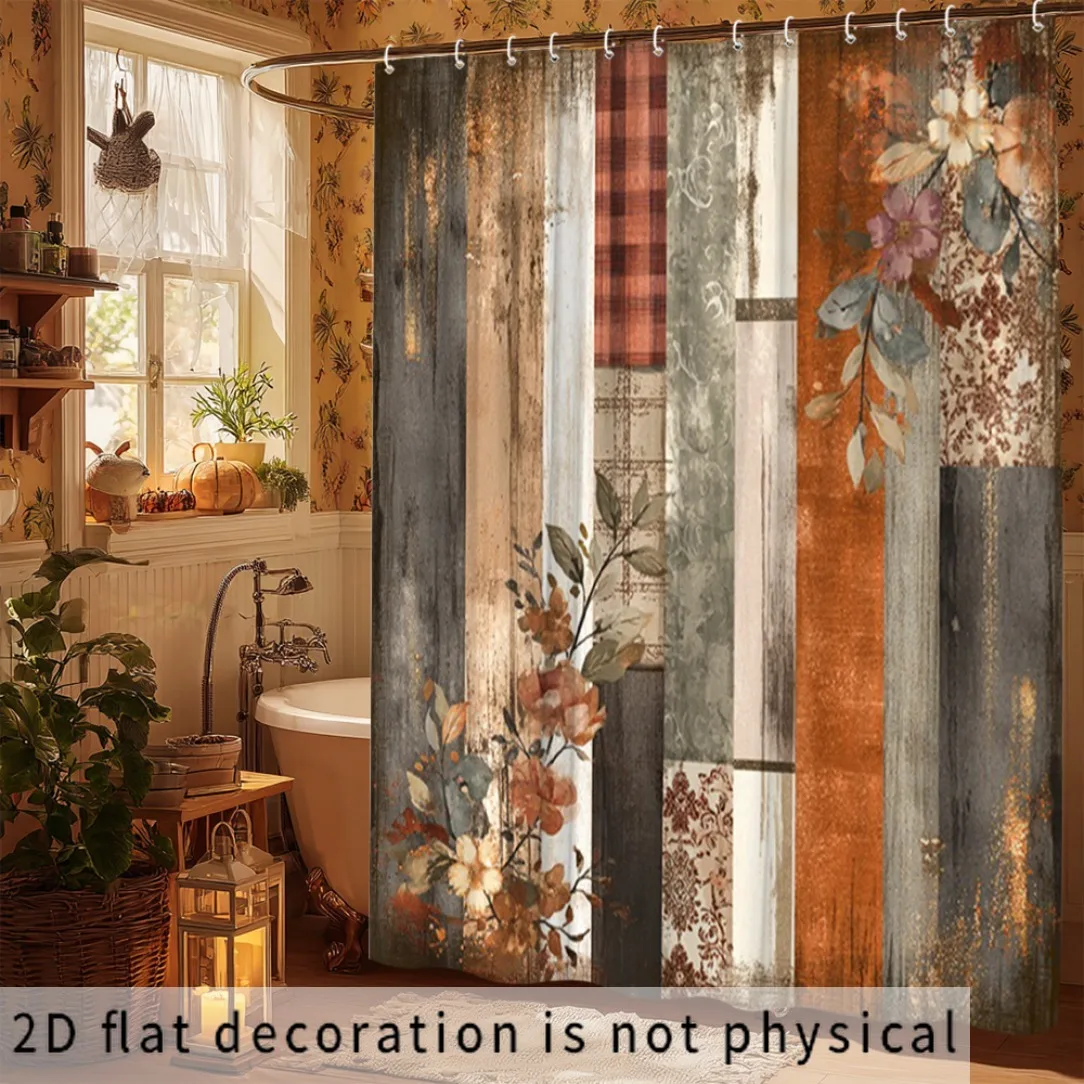 2D Flat, 2D Flat, 2D Flat Shower Curtain 1pc, 2D Plane Autumn Country Patchwork Curtain, Floral Retro Design Bathroom Decor, Bat