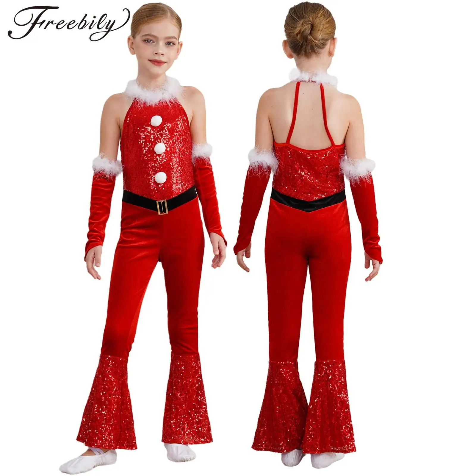 Girls Christmas Dance Bodysuit Sleeveless Velvet Sequin Flared Jumpsuit with Arm Sleeve for Xmas New Year Party Carnival Cosplay