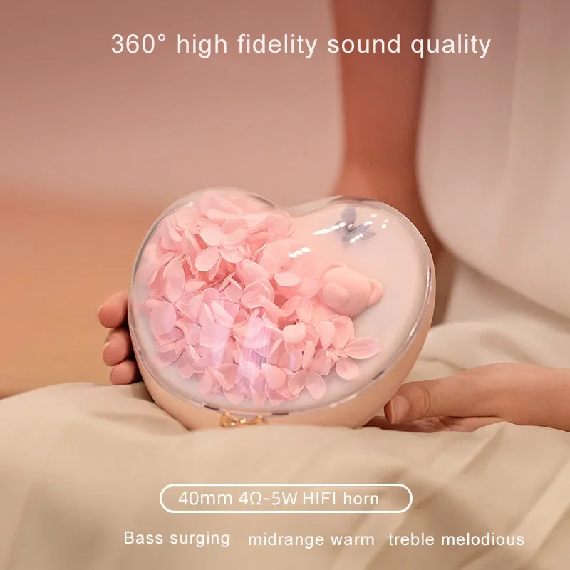 Heart-Shaped Bluetooth Speaker with Eternal Flower and Colorful LED Lights Creative Portable Wireless Audio HIFI Music Player
