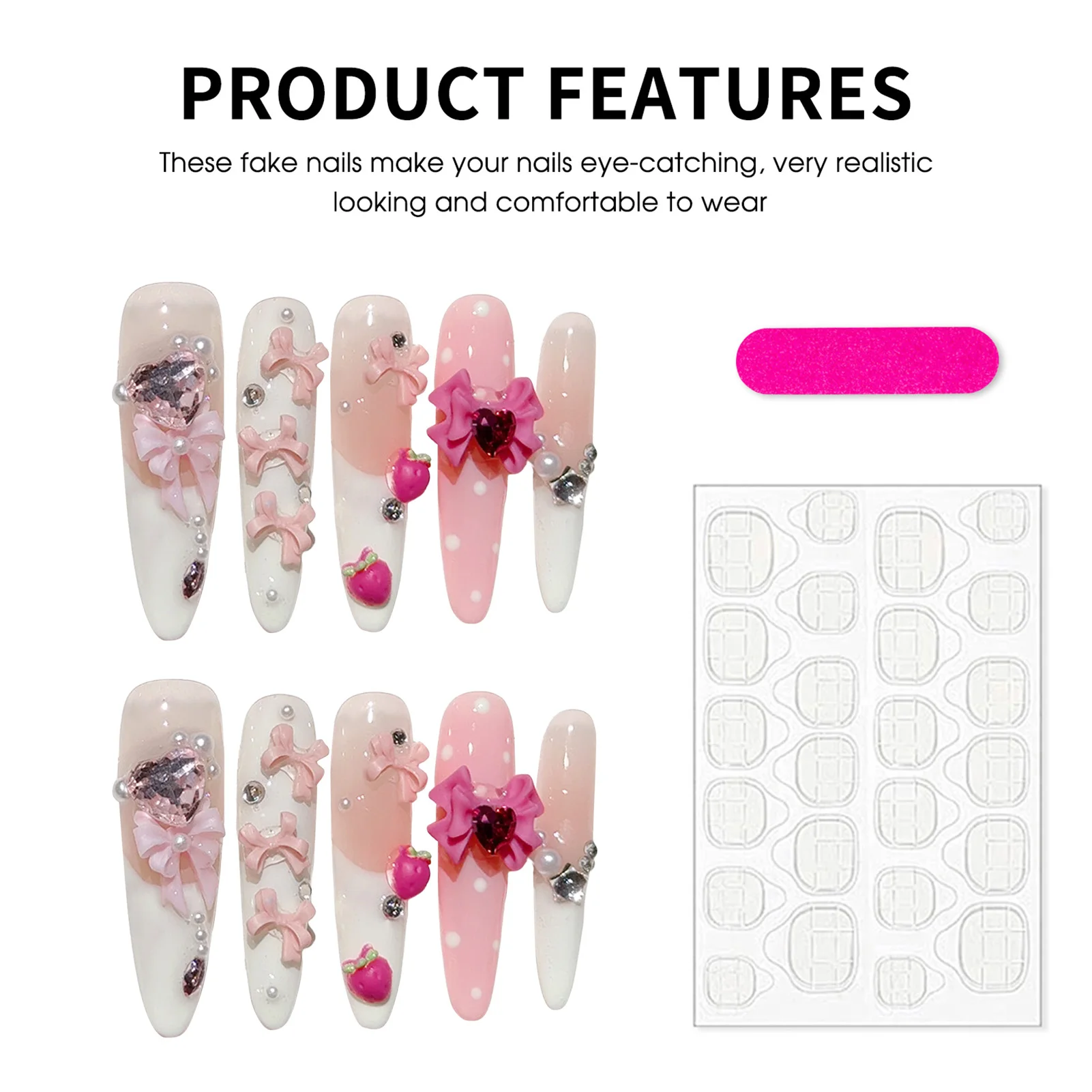 الأبيض الوردي أحمر الخدود اضغط على الأظافر 10 قطعة اليدوية طويلة نعش خنجر وهمية NailsTips القوس الفراولة الأظافر التصحيح فريش أظافر صناعية #4