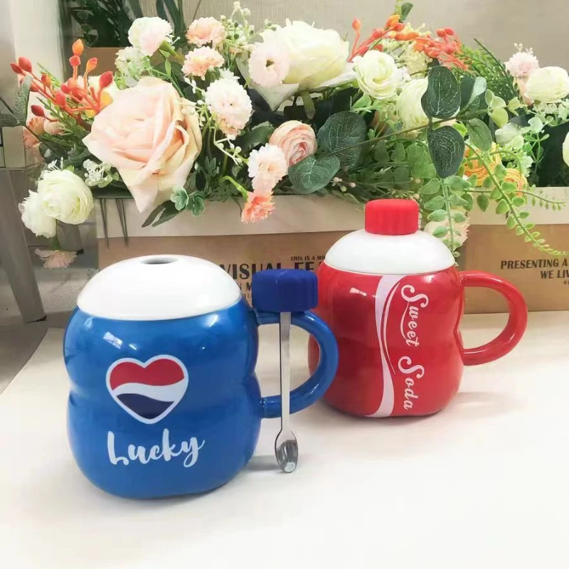 

Cola Can Ceramic Cup with Lid, Straw Mug, Male and Female Student Couple Drinking Cup, Creative Birthday Gift Cup Drinkware