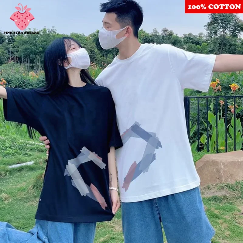 

Romantic Love Heart Couple T-shirt Summer 2025 New Korean Style Cotton Short Sleeve T-shirt Loose Casual Top Boy Girl clothing